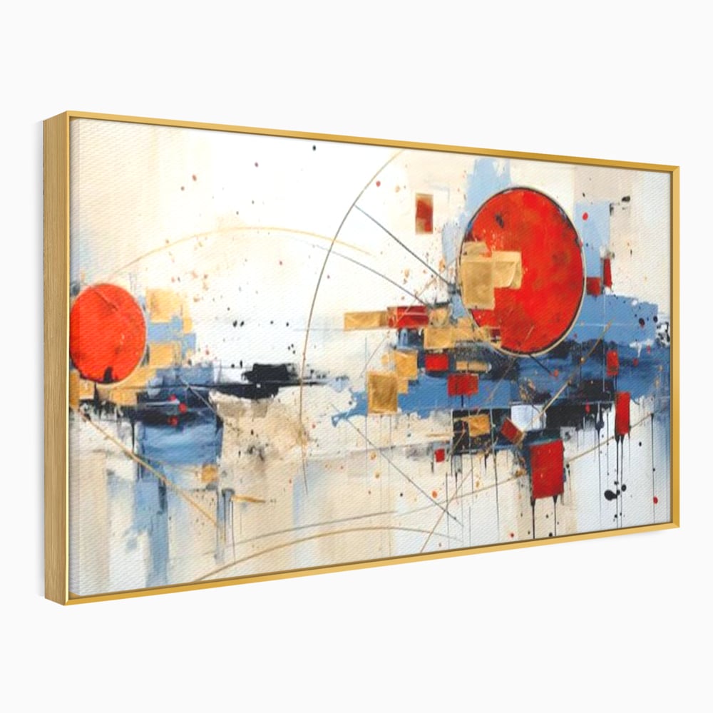Tablou canvas cu tablou abstract cu cerc rosu si linii, in rama de aluminiu auriu